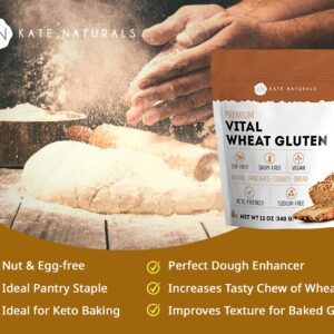 Kate Naturals Vital Wheat Gluten for Bread Making, Baking & Seitan (12oz). Natural Powder for Bread Machine. Non-GMO, High Protein Flour, Low Carb Bread for Vegan Gluten & Keto