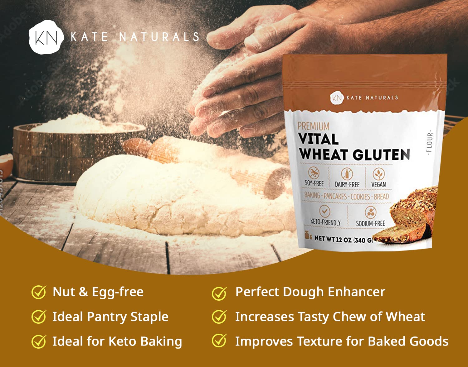 Kate Naturals Vital Wheat Gluten for Bread Making, Baking & Seitan (12oz). Natural Powder for Bread Machine. Non-GMO, High Protein Flour, Low Carb Bread for Vegan Gluten & Keto
