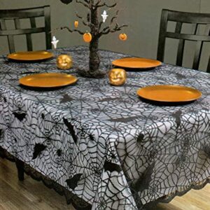 ibohr Halloween Tablecloth with Spiderweb & Bat Design Lace Rectangular Festival Table Cover Halloween Table Decorations for Parties & Gatherings, 100% Polyester, 60 X 84 Inch