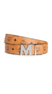 mcm men's claus reversible belt, cognac, tan, graphic, silver, one size