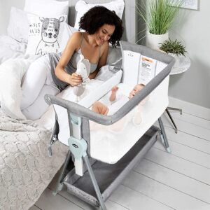 infans baby bassinet bedside crib, newborn sleeper w/large storage basket, adjustable heights & angle, detachable &washable mattress, breathable mesh, straps, easy moving bed side, light grey