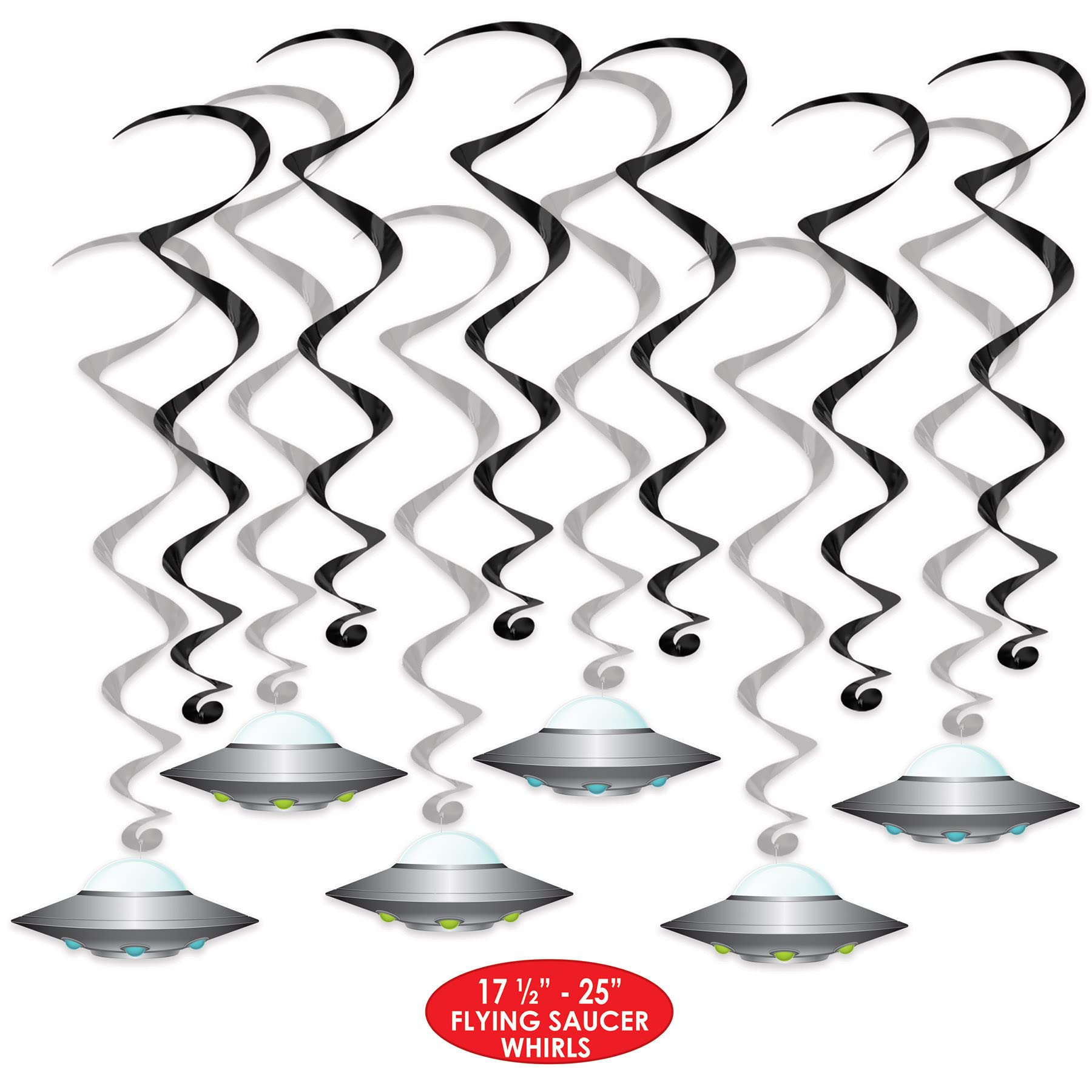 Beistle 24 Piece Flying Saucer Whirls Hanging Spirals, 17.5" - 25", Black/Silver/White/Blue/Green