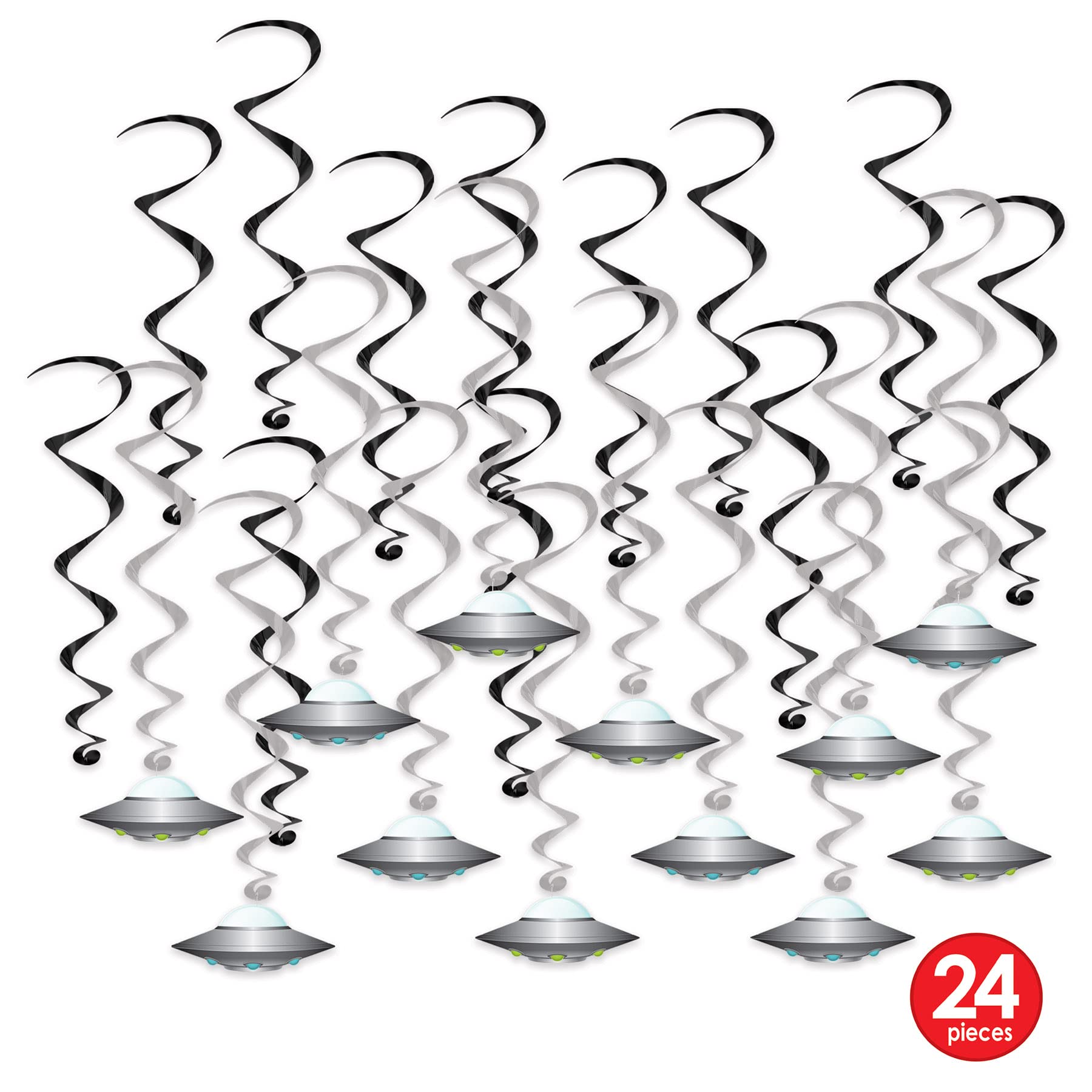 Beistle 24 Piece Flying Saucer Whirls Hanging Spirals, 17.5" - 25", Black/Silver/White/Blue/Green