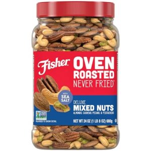 fisher oven roasted never fried deluxe mixed nuts, 24 ounces (pack of 1), almonds, cashews, pecans, pistachios, snacks for adults, made with sea salt, no added oil, artificial ingredients or preservatives, trail mix, gluten free​