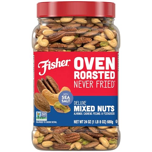 Fisher Oven Roasted Never Fried Deluxe Mixed Nuts, 24 Ounces (Pack of 1), Almonds, Cashews, Pecans, Pistachios, Snacks for Adults, Made With Sea Salt, No Added Oil, Artificial Ingredients or Preservatives, Trail Mix, Gluten Free​