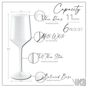 Vikko Décor Matte White Wine Glasses | Thin, Handblown Glass – Tall, Elegant Stem – Dishwasher Safe – 11 Ounce Cup – Set of 6 Stunning Wine Glasses – 8.6” x 2.4”