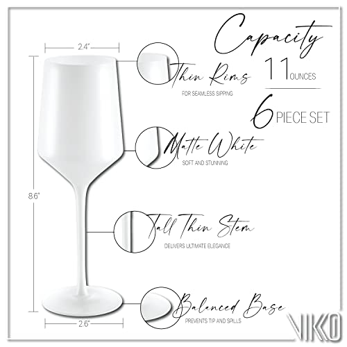 Vikko Décor Matte White Wine Glasses | Thin, Handblown Glass – Tall, Elegant Stem – Dishwasher Safe – 11 Ounce Cup – Set of 6 Stunning Wine Glasses – 8.6” x 2.4”