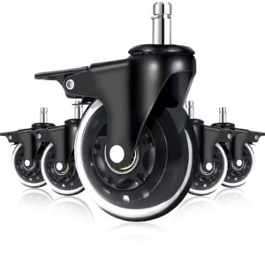 longads office chair caster wheels with brakes 5 packs 3 in for hardwood floors and low pile carpet,heavy duty quiet swivel replacement -made from soft premium pu rubber-black