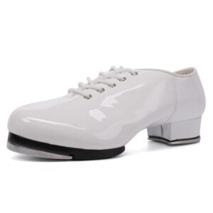 swdzm women's & men's & kid's jazz tap dance shoes tap-flex patent leather tap shoe,wxldd-tap,white,10.5 us