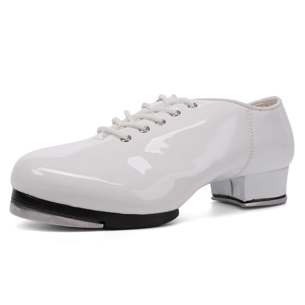 SWDZM Women's & Men's & Kid's Jazz Tap Dance Shoes Tap-Flex Patent Leather Tap Shoe,WXLDD-Tap,White,10.5 US