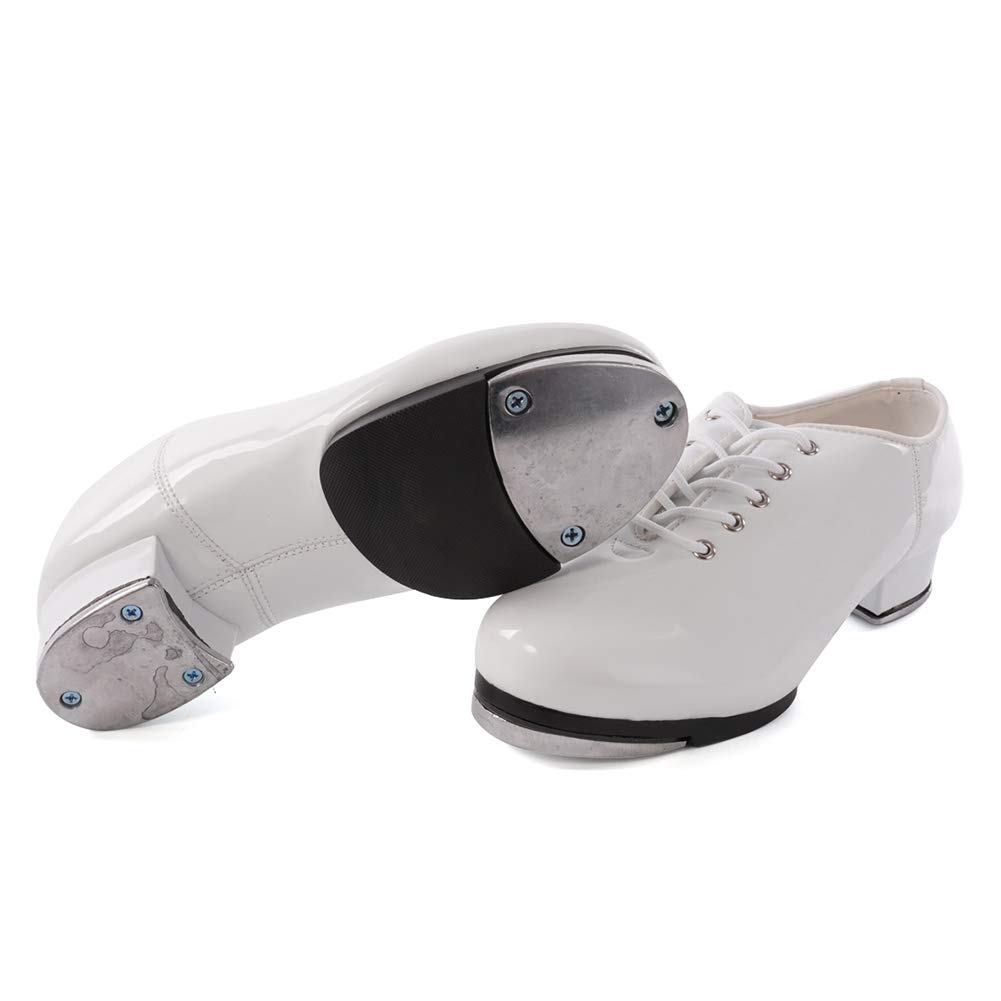SWDZM Women's & Men's & Kid's Jazz Tap Dance Shoes Tap-Flex Patent Leather Tap Shoe,WXLDD-Tap,White,10.5 US