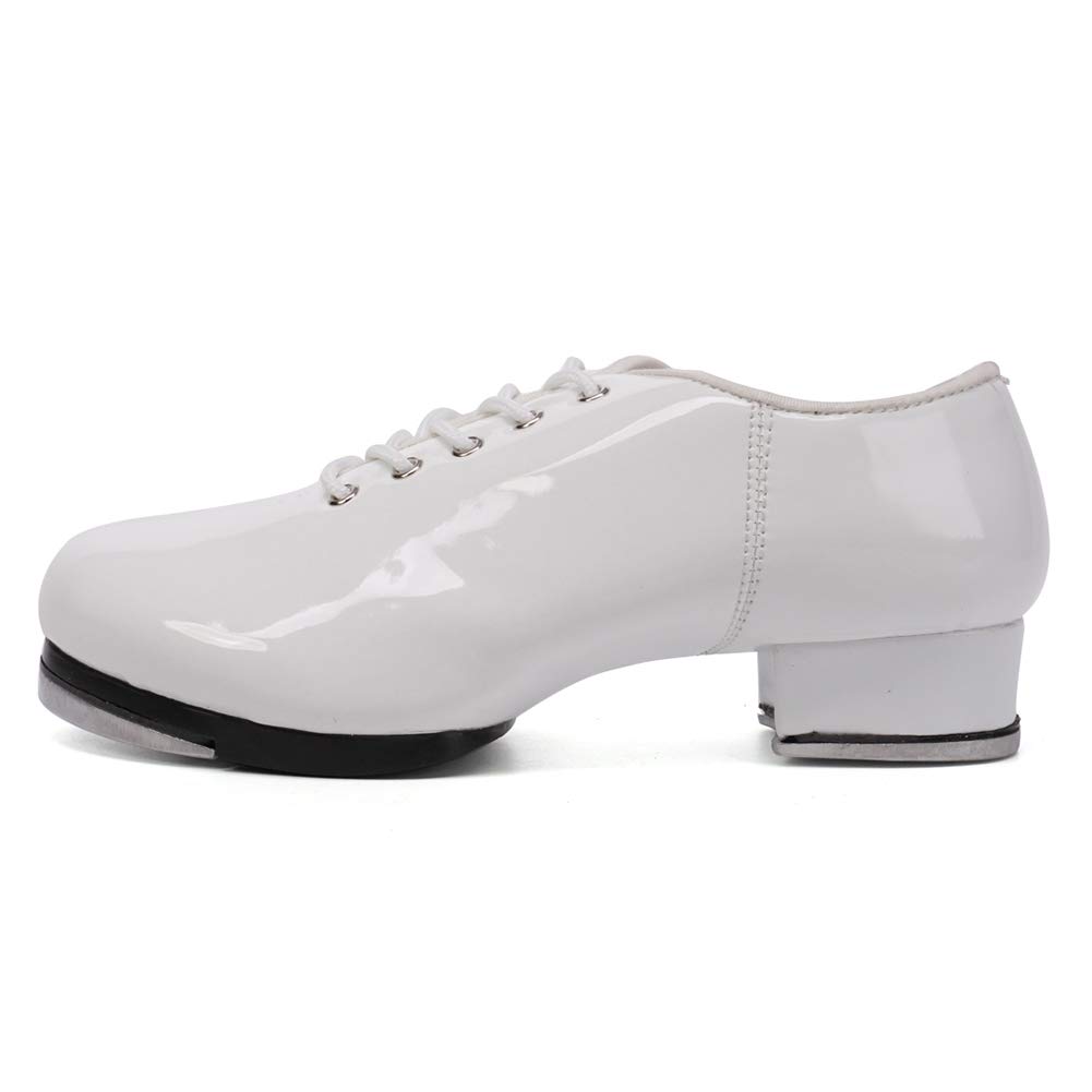 SWDZM Women's & Men's & Kid's Jazz Tap Dance Shoes Tap-Flex Patent Leather Tap Shoe,WXLDD-Tap,White,10.5 US