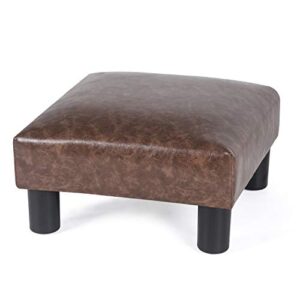 adeco 15’’ small ottoman footstools- waterproof brown distressed faux leather upholstered foot rest with plastic legs- lightweight and portable