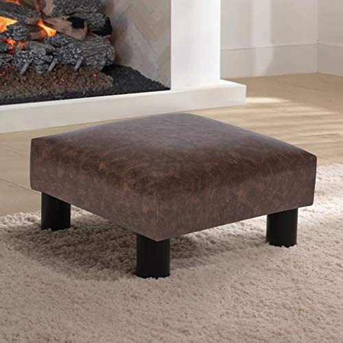 Adeco 15’’ Small Ottoman Footstools- Waterproof Brown Distressed Faux Leather Upholstered Foot Rest with Plastic Legs- Lightweight and Portable