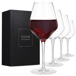 elixir glassware red wine glasses – set of 4 hand blown large wine glasses – long stem wine glasses, premium crystal – wine tasting, wedding, anniversary, christmas – 22oz, clear