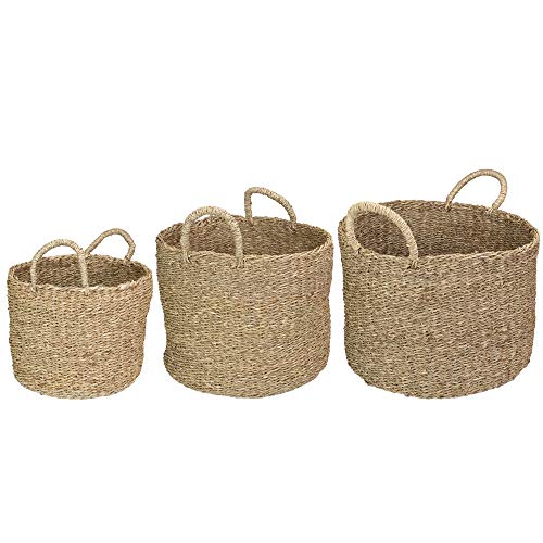 Northlight Set of 3 Natural Beige Round Seagrass Table and Floor Baskets