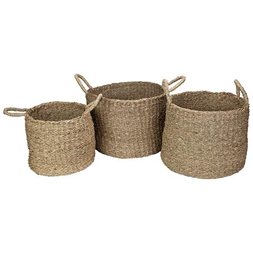 Northlight Set of 3 Natural Beige Round Seagrass Table and Floor Baskets