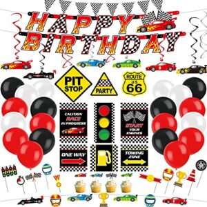 decorlife race car birthday party decorations, car theme party supplies includes checkered flag banner, balloons, hanging swirls, photo booth props, traffic signs, racing car garland, total 70pcs