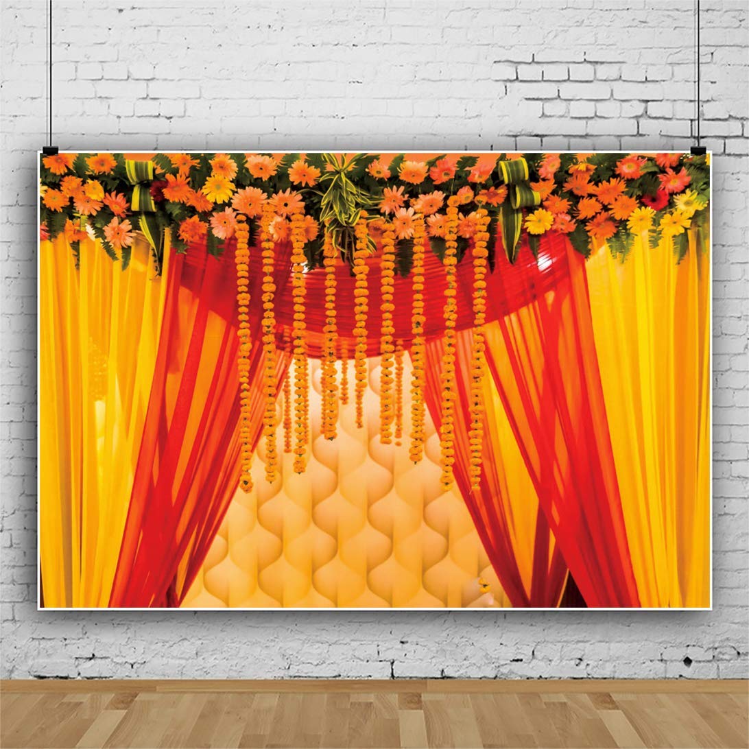 YongFoto 8x6ft Happy Diwali Backdrop Banner Indian Traditional Backdrop Happy Holi Backdrop Hindu Indian Wedding Background Flower Garland Yellow Tulle Curtain Anniversary Backdrop