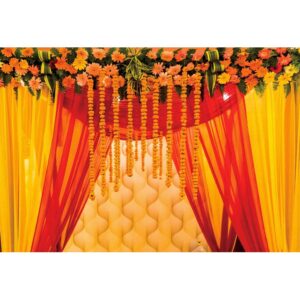 YongFoto 8x6ft Happy Diwali Backdrop Banner Indian Traditional Backdrop Happy Holi Backdrop Hindu Indian Wedding Background Flower Garland Yellow Tulle Curtain Anniversary Backdrop