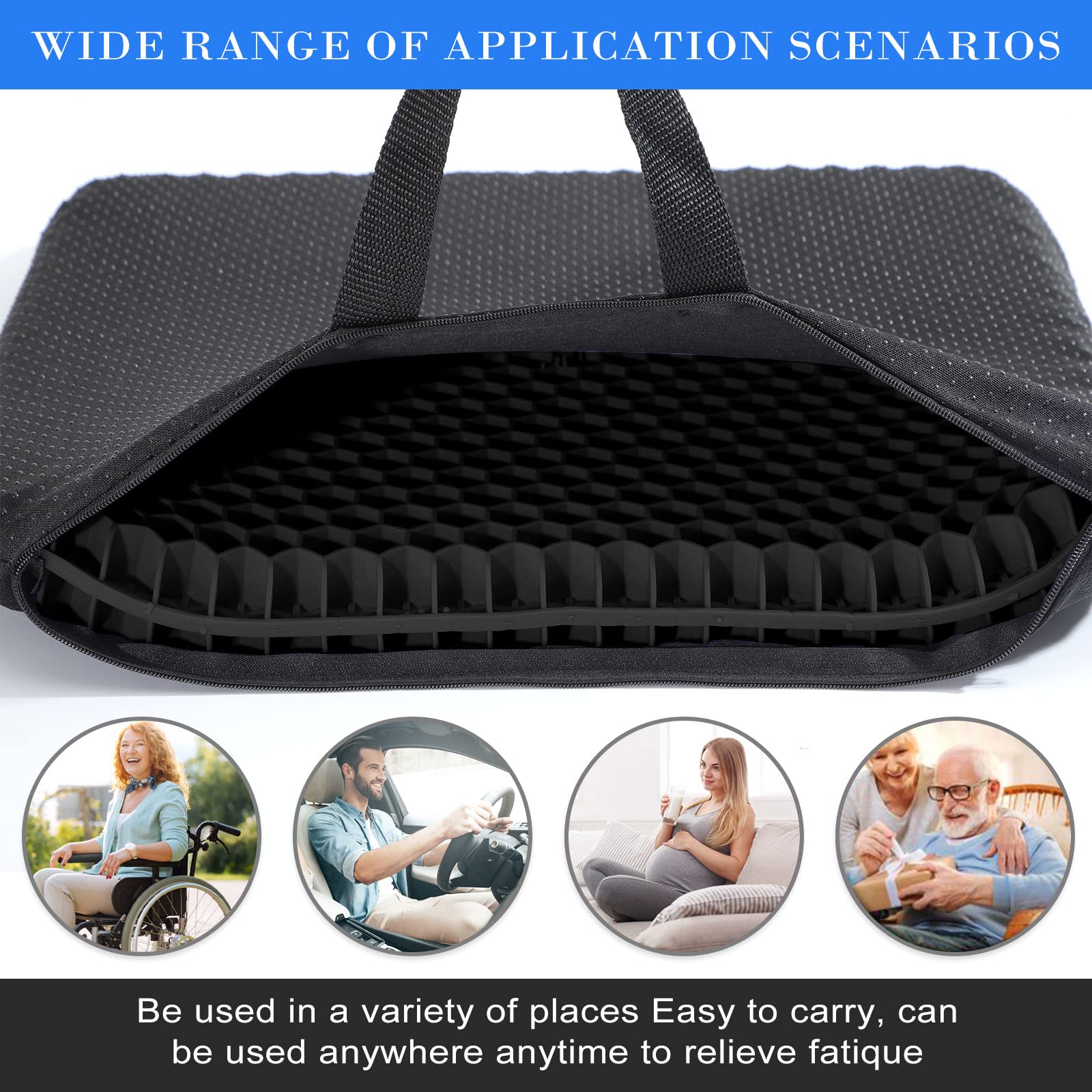 Gel Seat Cushion, Cooling seat Cushion Thick Big Breathable Honeycomb Design Absorbs Pressure Points Seat Cushion with Non-Slip Cover Gel Cushion for Office Chair Home Car seat Cushion for Wheelchair