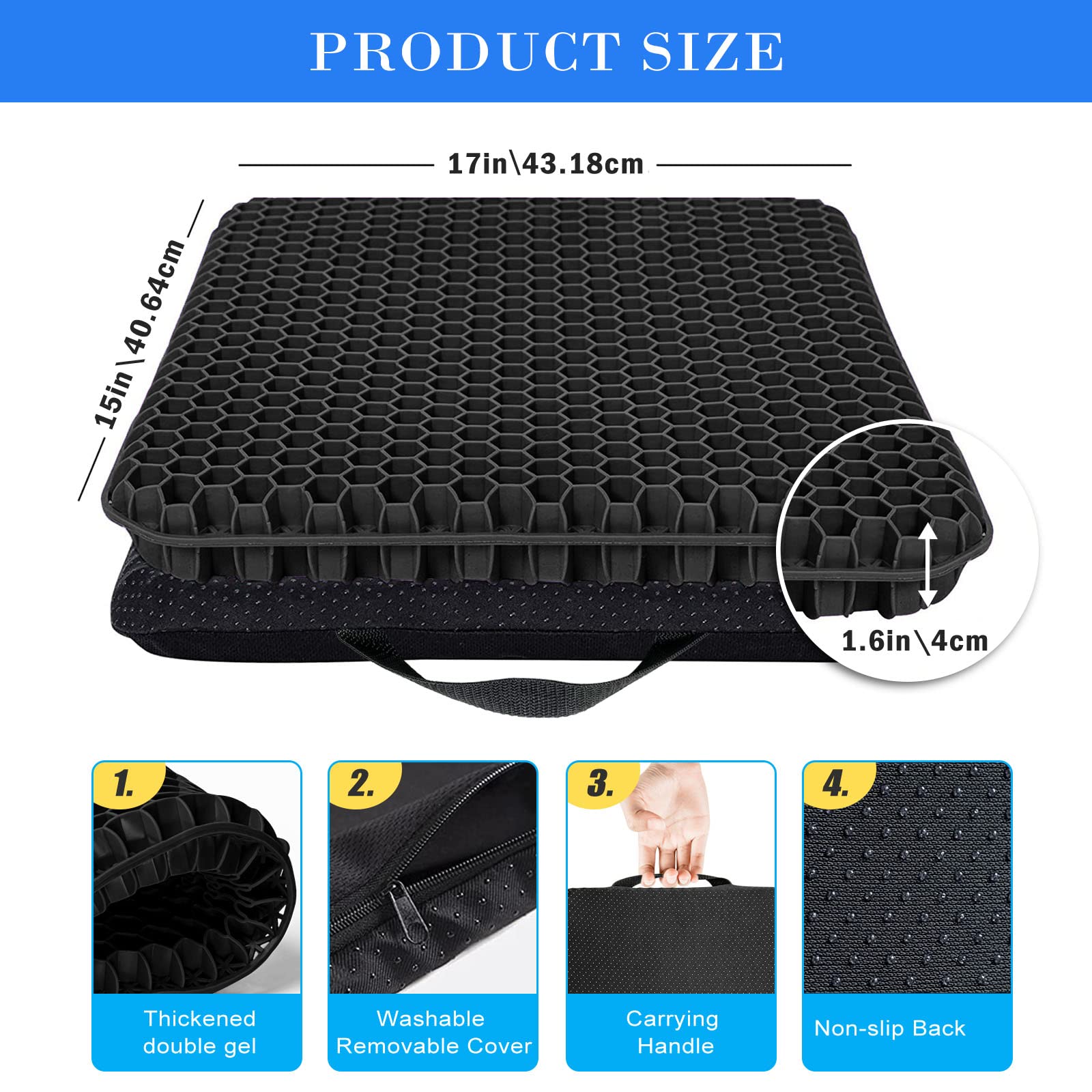 Gel Seat Cushion, Cooling seat Cushion Thick Big Breathable Honeycomb Design Absorbs Pressure Points Seat Cushion with Non-Slip Cover Gel Cushion for Office Chair Home Car seat Cushion for Wheelchair