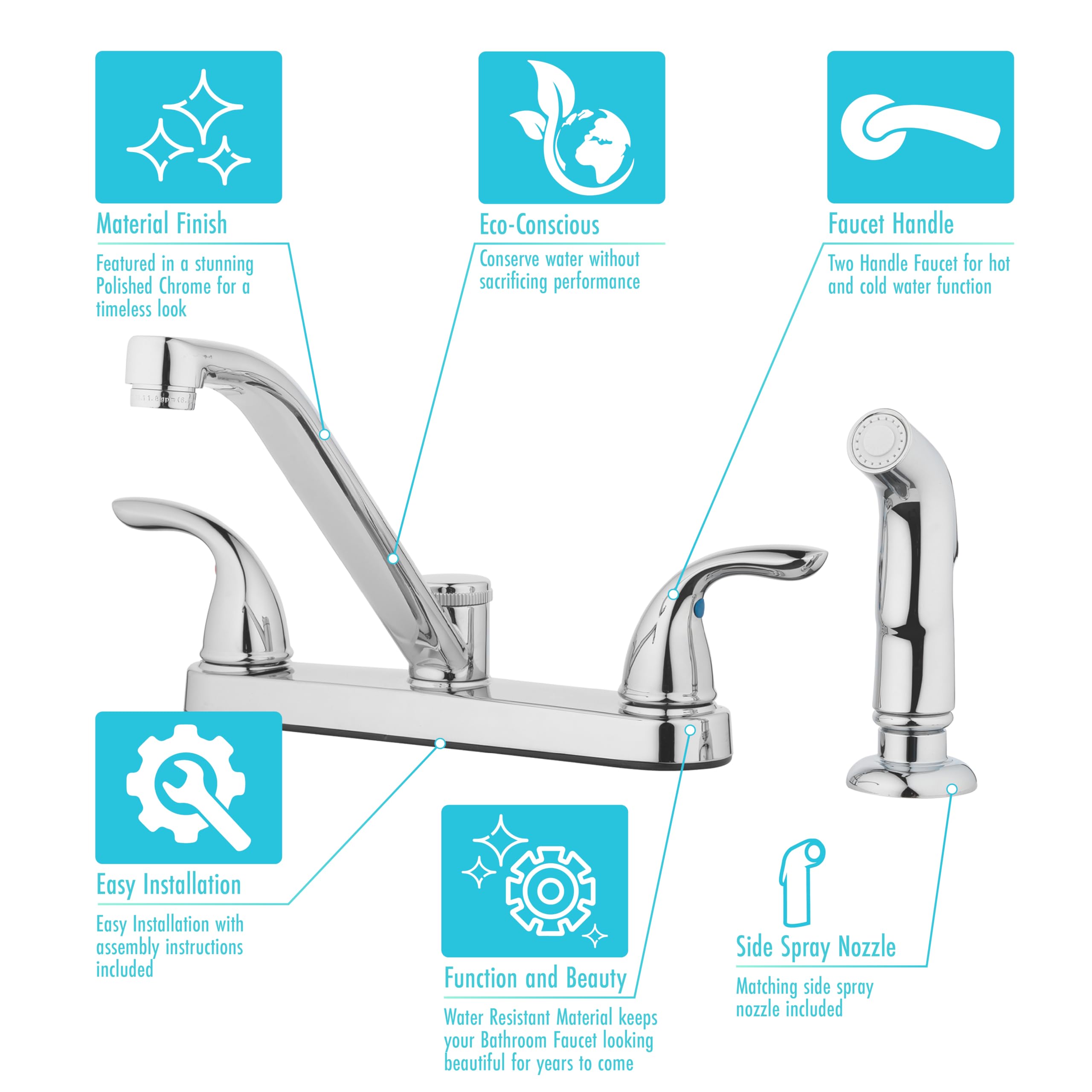 Aqua Vista 25-K82CS-CH-AV Kitchen Sink Faucet with Side Spray, Polished Chrome Two Handle