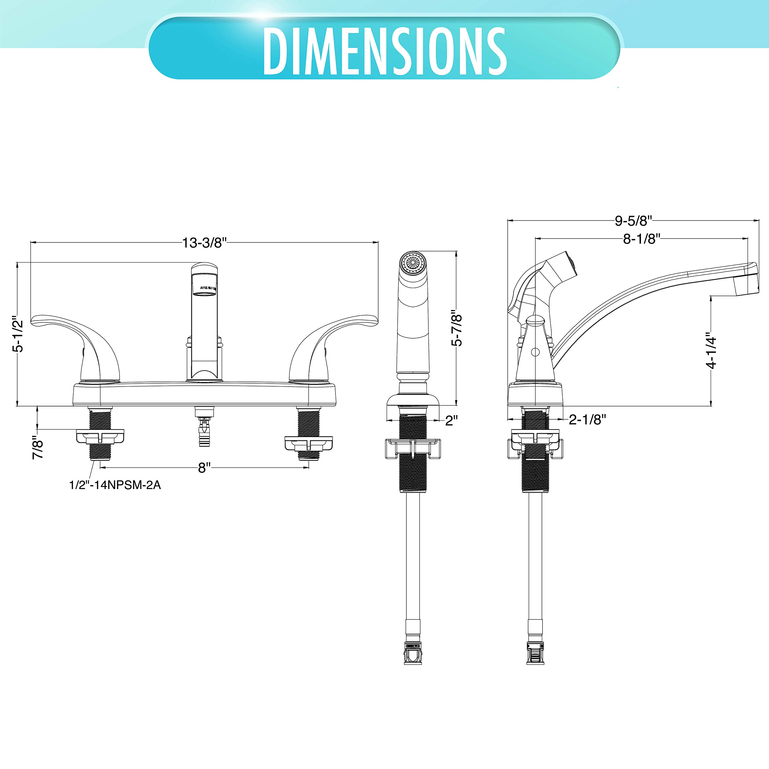 Aqua Vista 25-K82CS-CH-AV Kitchen Sink Faucet with Side Spray, Polished Chrome Two Handle