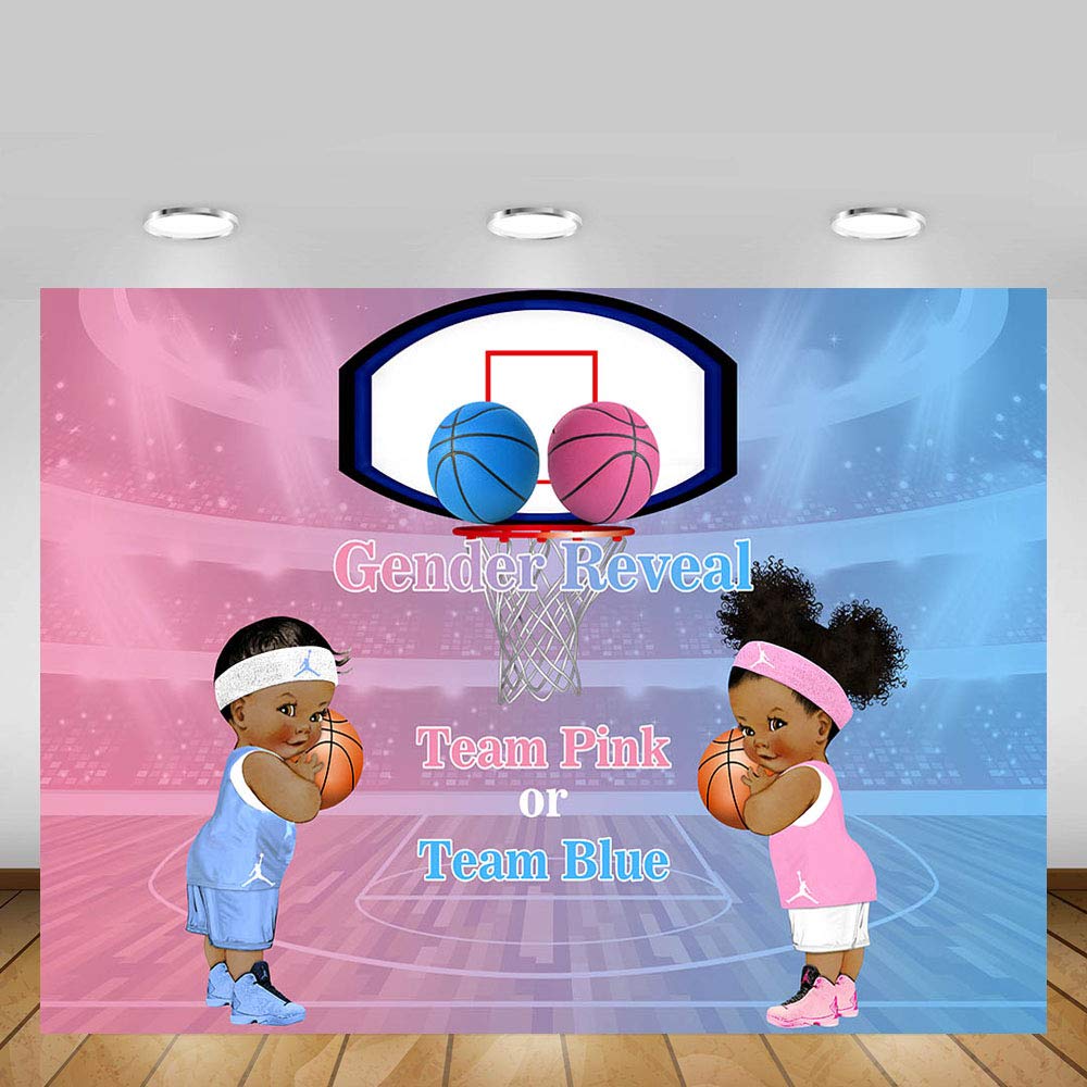 MEHOFOND Team Pink or Team Blue Gender Reveal Party Photo Background Props Baskeball Baby Shower Boy or Girl Blue or Pink Decoration Basketball Court Backdrops Banner for Dessert Table 7x5ft