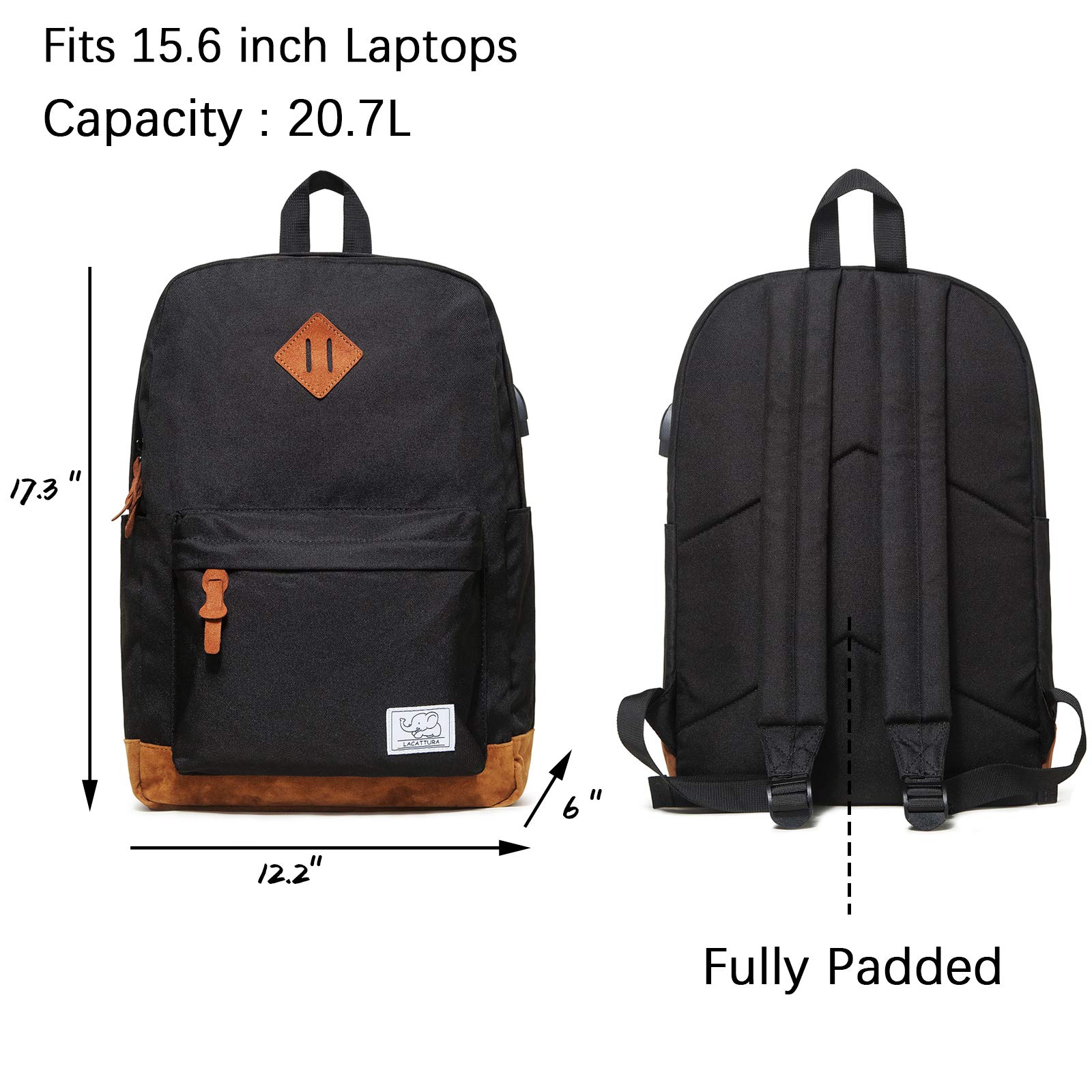 LACATTURA College Backpack, Lightweight Laptop Book Bag, Black