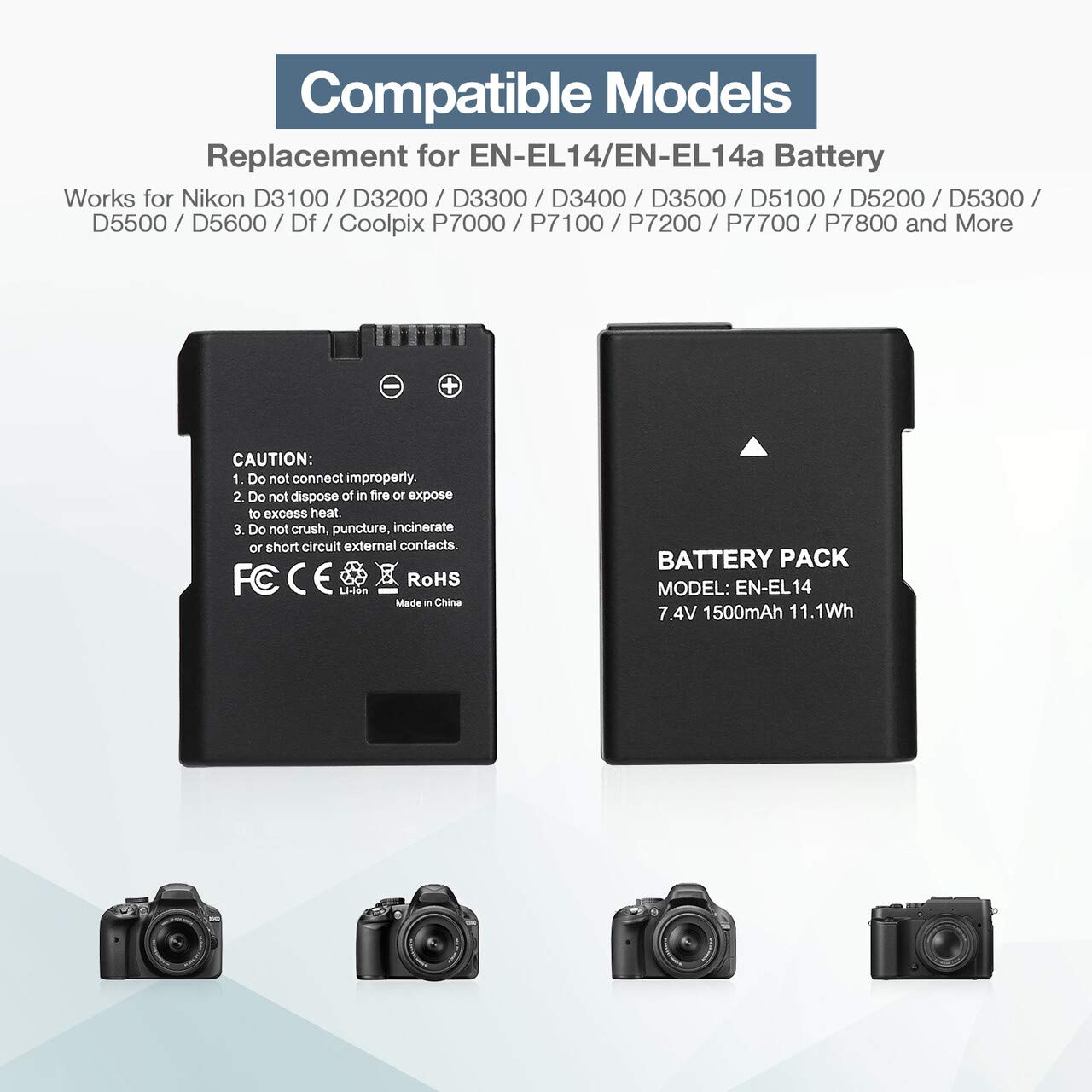 EN-EL14 EN EL14A Battery USB Charger and 2-Pack Rechargeable Batteries Replacement Compatible with Nikon D3100 D3200 D3300 D3400 D3500 D5100 D5200 D5300 D5500 D5600 DF Coolpix P7000 P7100 P7700 P7800