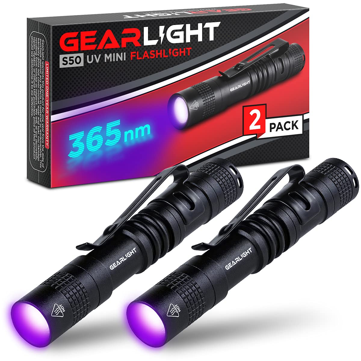 GearLight Black Light UV Flashlight S50 [2 Pack] - 365 nm Mini Blacklight Ultraviolet Pen Flashlights for ID Check, Leak AC Detection, Resin Curing - Pet Urine, Scorpion, Stain Handheld Detector