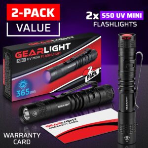 GearLight Black Light UV Flashlight S50 [2 Pack] - 365 nm Mini Blacklight Ultraviolet Pen Flashlights for ID Check, Leak AC Detection, Resin Curing - Pet Urine, Scorpion, Stain Handheld Detector