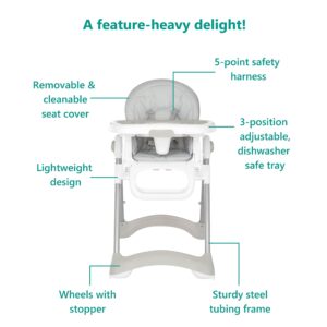 Dream On Me Solid Times High Chair for Babies and Toddlers in Grey, Multiple Recline and Height Positions, Lightweight Portable Baby High Chair, 5 point Safety Harness, Easy to Clean Surface