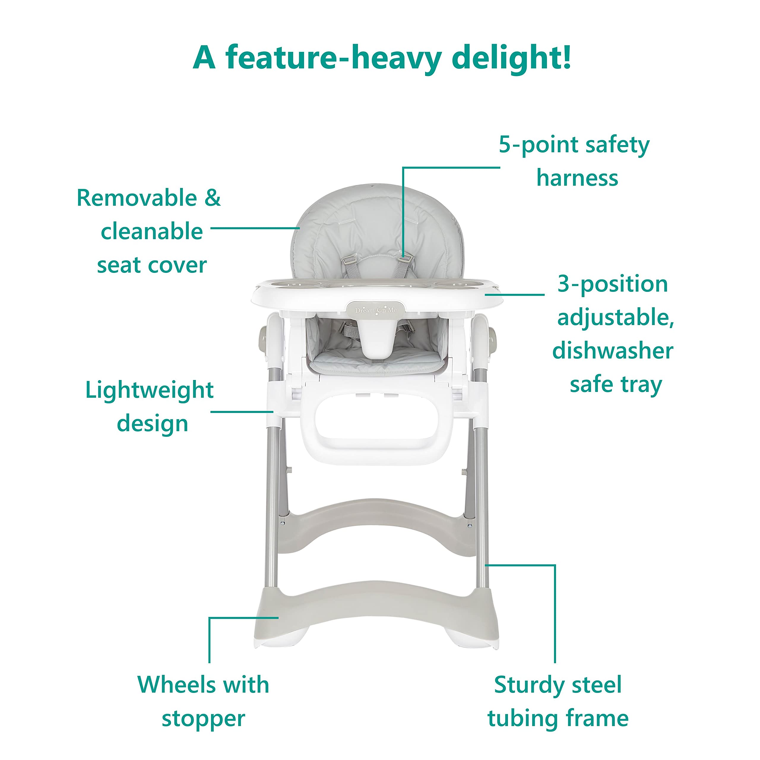 Dream On Me Solid Times High Chair for Babies and Toddlers in Grey, Multiple Recline and Height Positions, Lightweight Portable Baby High Chair, 5 point Safety Harness, Easy to Clean Surface