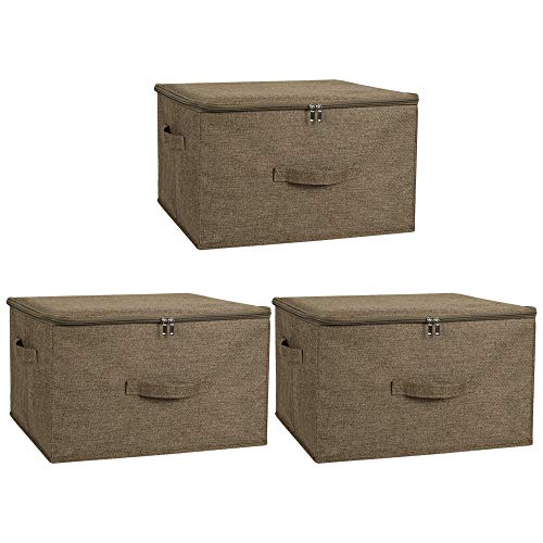 ANMINY 3PCS Storage Bins with Zipper Lid Handles Storage Boxes PP Plastic Board Foldable Lidded Cotton Linen Fabric Home Cubes Baskets Closet Clothes Toys Organizer Containers - Coffee, Large Size