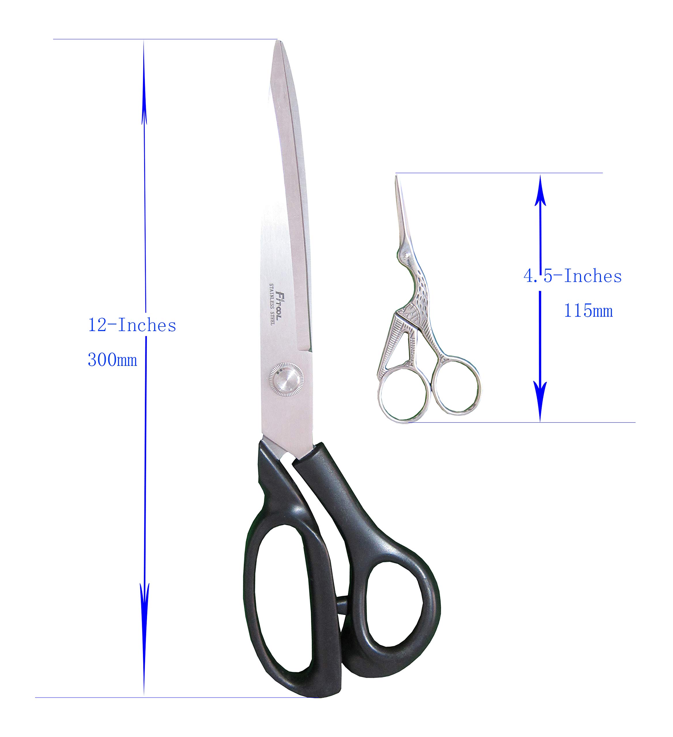 Heavy-Duty Extra Long Large Home/Office Utility Scissors, 12-Inch Upholstery Tailor Shears, 4.5-Inch Crane Embroidery Sewing Crafting Scissors, Stainless Steel All Purpose Sissors 2Pack