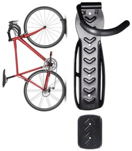dirza bike wall mount rack with tire tray - vertical bike storage rack for indoor,garage,shed - easy to install - great for hanging road,mountain or hybrid bikes - screws included - 1 pack