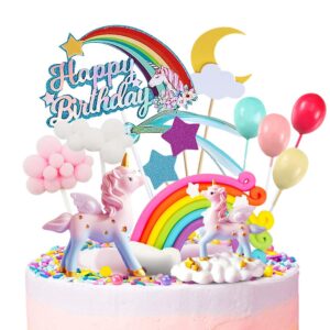 movinpe unicorn cake topper, 2 magic unicorns sculpture, 1 rainbow, 1 happy birthday banner, 2 cloud, 4 balloon, 12 stars, 1 moon, cake decoration for girl kid women birthday party