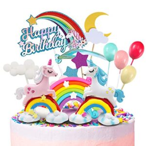 movinpe unicorn cake topper, 2 magic unicorns sculpture, 1 rainbow, 1 happy birthday banner, 2 cloud, 4 balloon, 12 stars, 1 moon, cake decoration for girl kid women birthday party