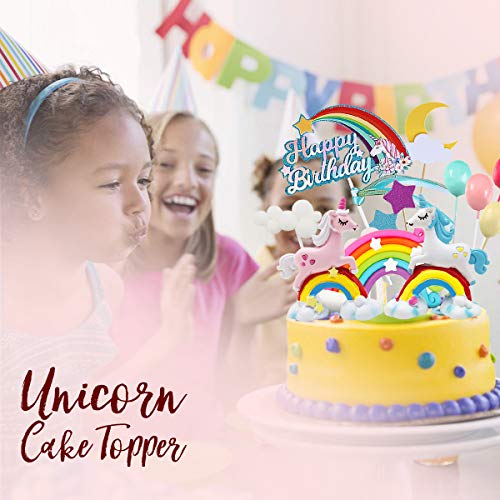 MOVINPE Unicorn Cake Topper, 2 Magic Unicorns Sculpture, 1 Rainbow, 1 Happy Birthday Banner, 2 Cloud, 4 Balloon, 12 Stars, 1 Moon, Cake Decoration For Girl Kid Women Birthday Party