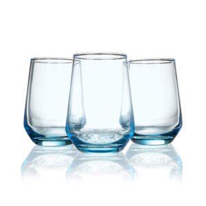 burns blue drinking glasses, 6 pcs stemless wine glasses italian-style, clear colored glass cup set, 13 oz.