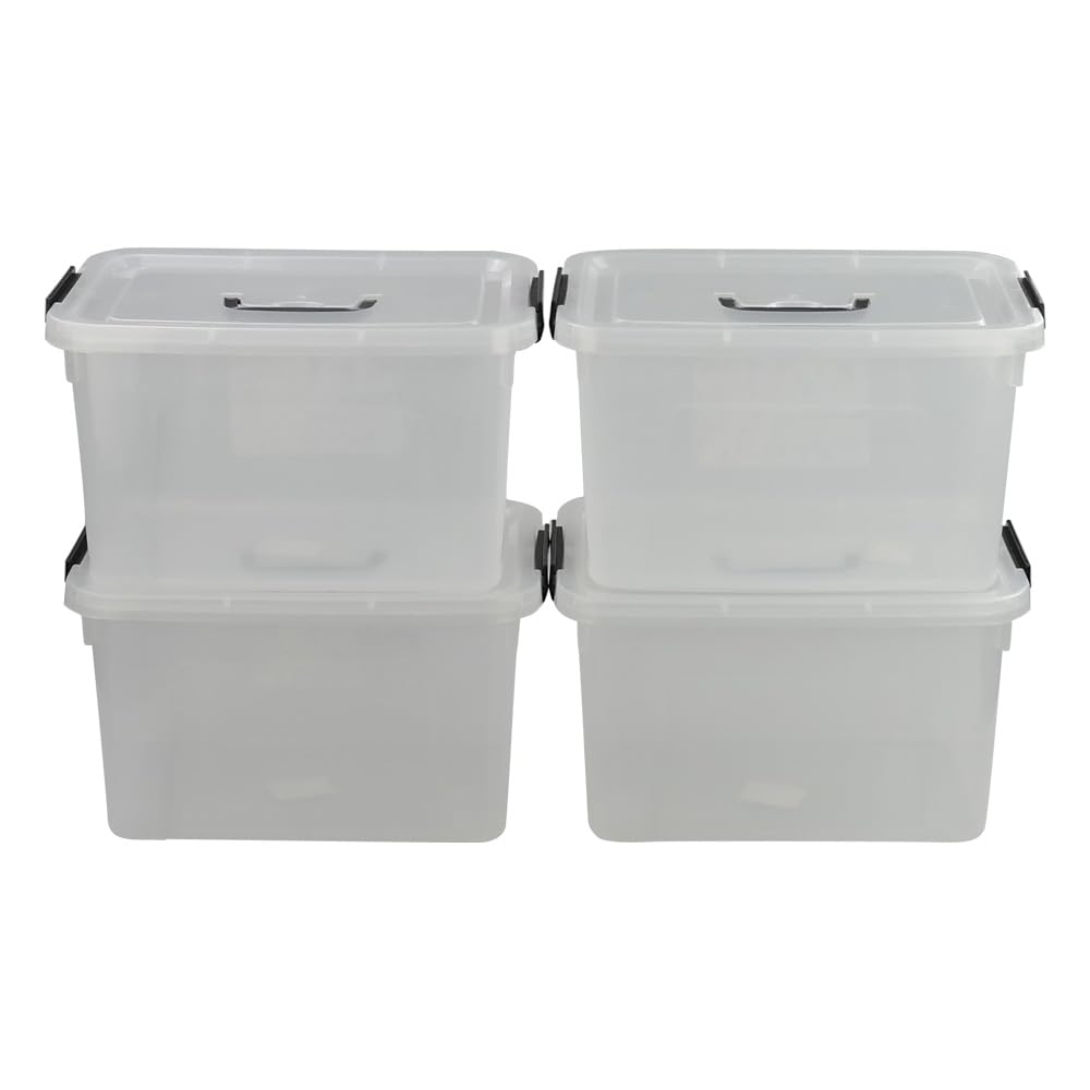 Nicesh 10 L Plastic Plastic Storage Box, Clear Latch Box with Handle, Set of 4