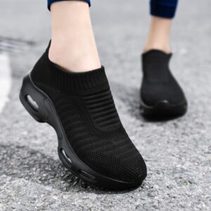 DimaiGlobal Women's Walking Shoes Sock Sneakers Slip On Comfort Mesh Fashion Cushion Lady Girls Modern Jazz Dance Easy Shoes Wedge Platform Loafers Black