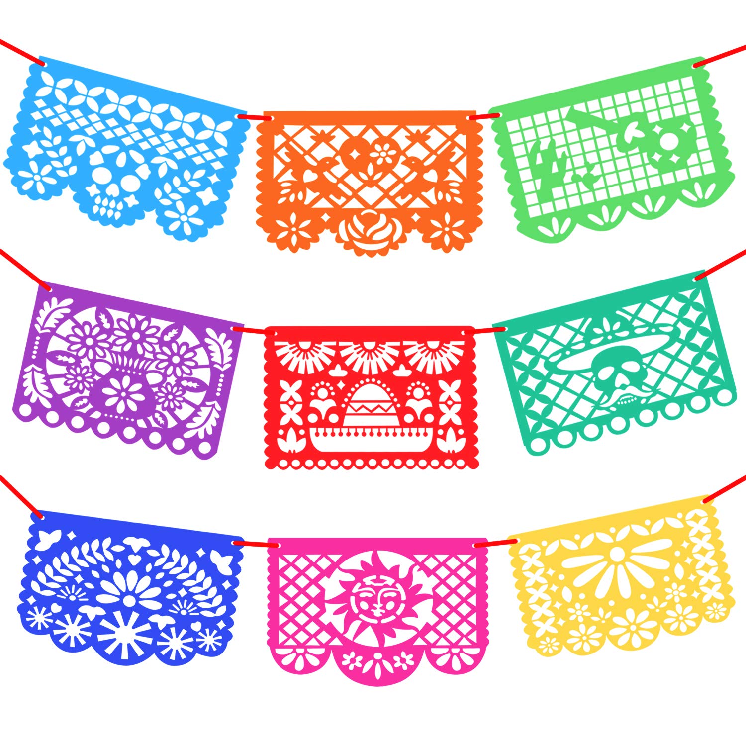 Novelty Place 15Ft 9Pcs Mexican Party Banners - Felt Papel Picado Banner - Mexican Fiesta Party Decorations for Dia De Los Muertos, Day of the Dead, Cino de Mayo, 9 Pattern Panels