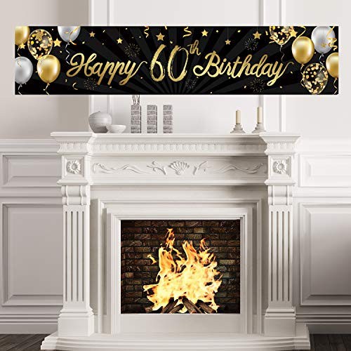 Happy 60th Birthday Banner Sign Gold Glitter 60 Years Birthday Party Decorations Supplies Anniversary Celebration Backdrop