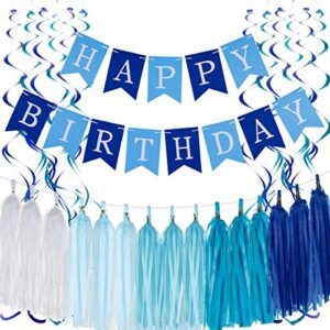 blue happy birthday decorations with happy birthday blue felt banner,tissue paper tassels garland and hanging swirl decorations for adults blue birthday party decorations