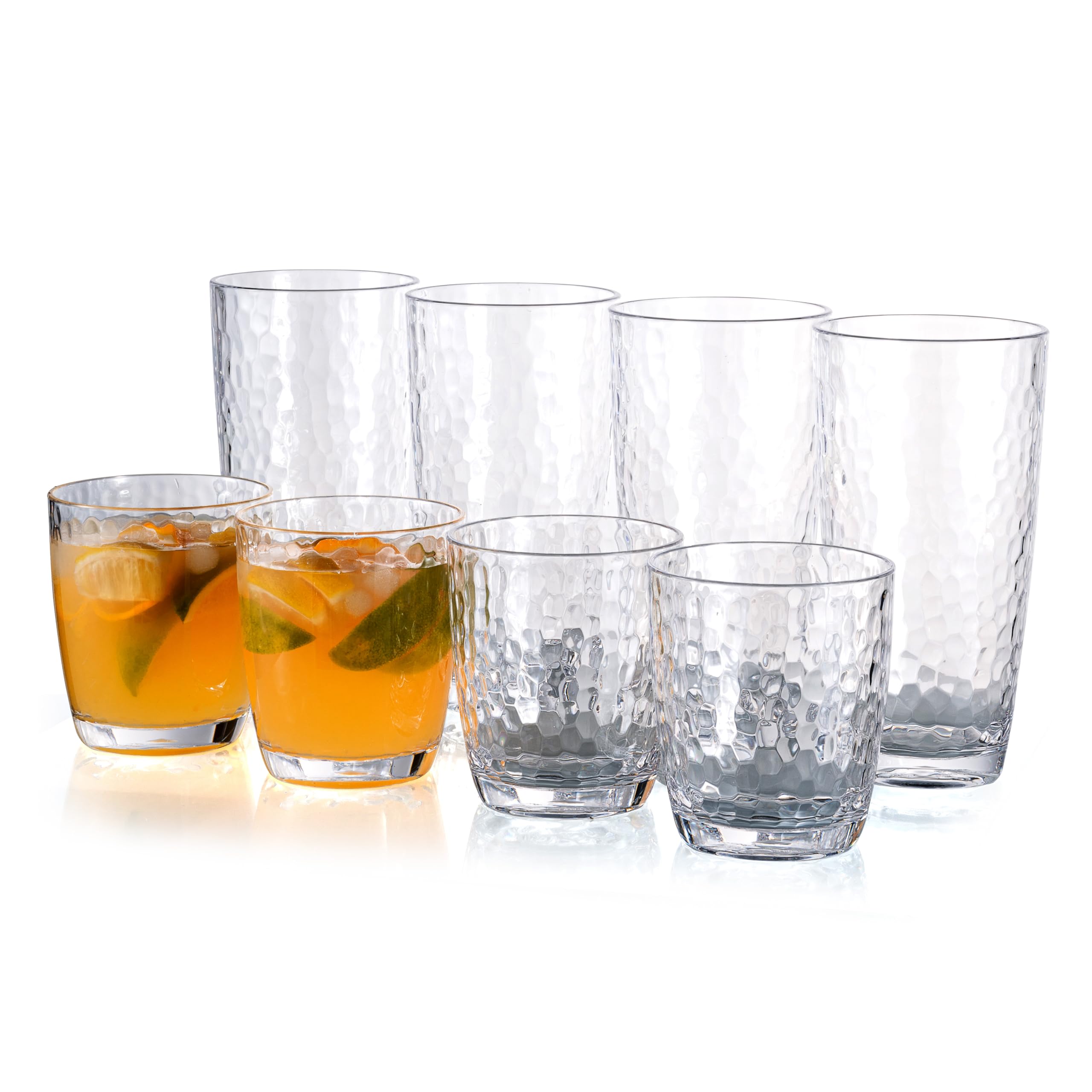 Hammered 15-ounce and 26-ounce Plastic Tumbler Acrylic Glasses, set of 8 Clear