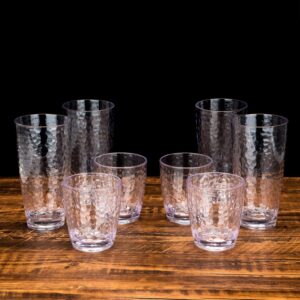 Hammered 15-ounce and 26-ounce Plastic Tumbler Acrylic Glasses, set of 8 Clear