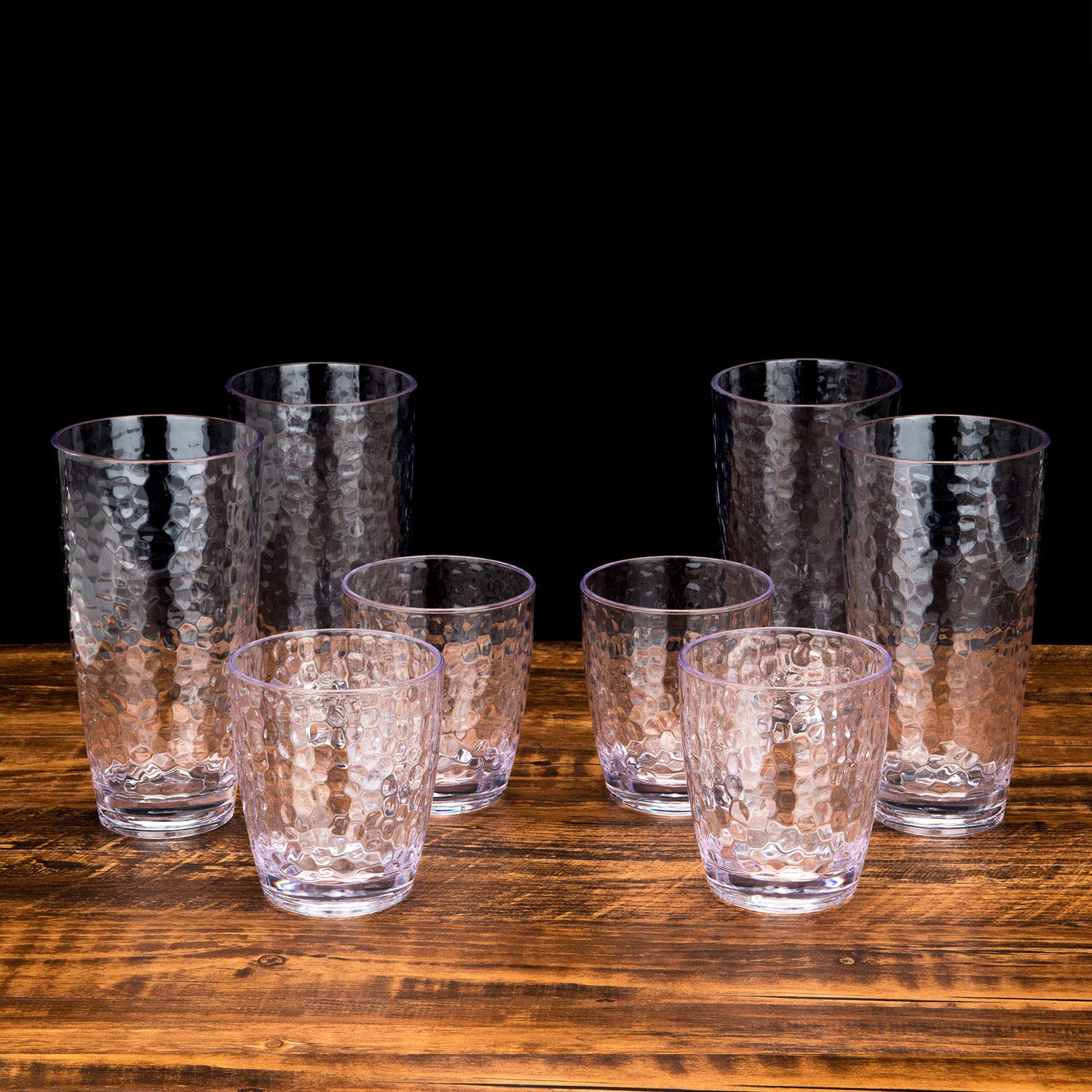 Hammered 15-ounce and 26-ounce Plastic Tumbler Acrylic Glasses, set of 8 Clear